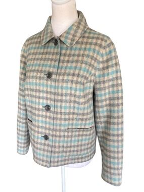 Talbots Plaid Wool Blend Coat Jacket Blue and Gray Button Front Size 8P